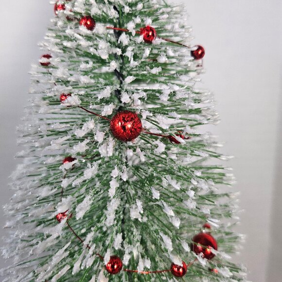 2 Holiday Style 11" Green Bottle Brush Trees With White Tips & Red Bead Garland - Picture 2 of 9